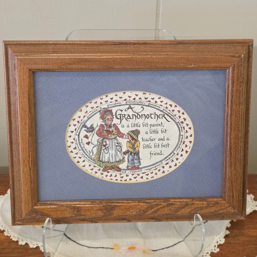 Vintage 1996 Framed Grandmother Hearts Blue Gift Art Print Calligraphy 8.75x7 in